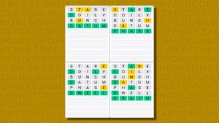 Quordle daily sequence answers for game 791 on a yellow background