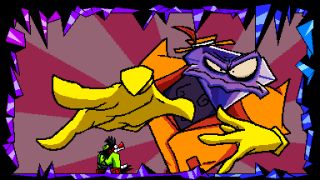 Anton encounters the first boss in Antonblast, with a jewel head, a bright orange suit, and bright yellow gloves, the pose references a classic Daffy Duck cartoon