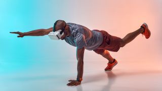  A VR user is working out while wearing a headset