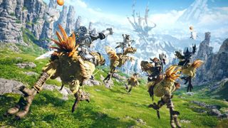 best free games: a group of Final fantasy characters riding on chocobos towards a mountain range