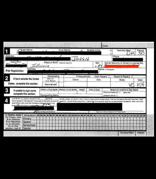 This screenshot shows a voter document displaying the individual’s name, address, date of birth, and full SSN.