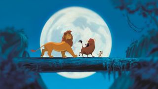 The best Disney Plus movies: Simba, Pumbaa and Timon walking across a log during The Lion King. 