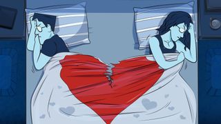 An illustration of a couple at opposite ends of the bed facing away from each other looking angry, with a heat breaking in the middle