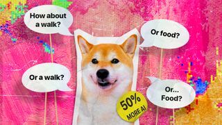 Colorful scrapbook styled punk pop-art image of a Shiba Inu dog saying various phrases through floating speech bubbles, with a 