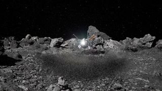 an image showing liftoff of osiris rex from asteroid bennu with gray boulders in behind the spacecraft