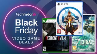 Black Friday Video Game Deals image d'en-tête avec les boîtes de Mortal Kombat 1 sur PS5, Resident Evil 4 sur Xbox Series X, et The Legend of Zelda : Tears of the Kingdom sur Nintendo Switch.