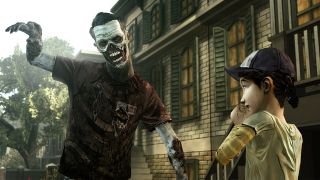 A zombie walking towards a young girl during The Walking Dead, one of the best PS3 games.