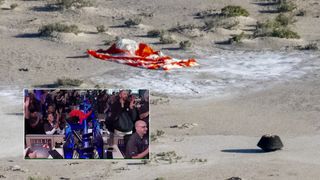 a space capsule sits on Earth as people cheer in an inset