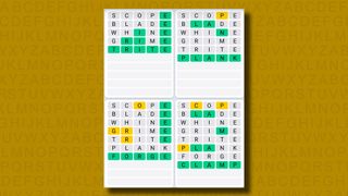 Quordle Daily Sequence answers for game 1053 on a yellow background