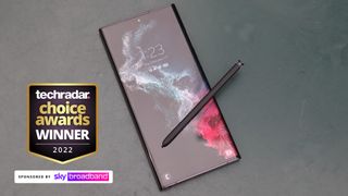 Samsung S22 Ultra phone on table with logo for TechRadar Choice Awards winners