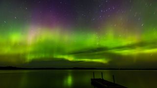 A green and purple aurora over a lake shore