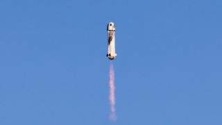 Blue Origin’s New Shepard flies toward space carrying Good Morning America co-anchor Michael Strahan, Laura Shepard Churchley, daughter of astronaut Alan Shepard, and four other civilians on December 11, 2021 near Van Horn, Texas. The six are riding aboard mission NS-19, the third human spaceflight for the company which is owned by Amazon founder Jeff Bezos.