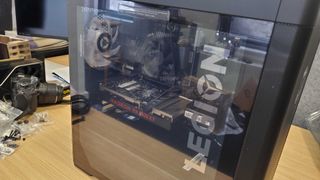 black gaming PC with glass side