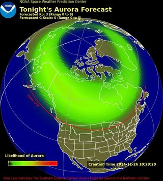 aurora forecast for tonight showing the likelihood of aurora across north america and the line of possible visibility.