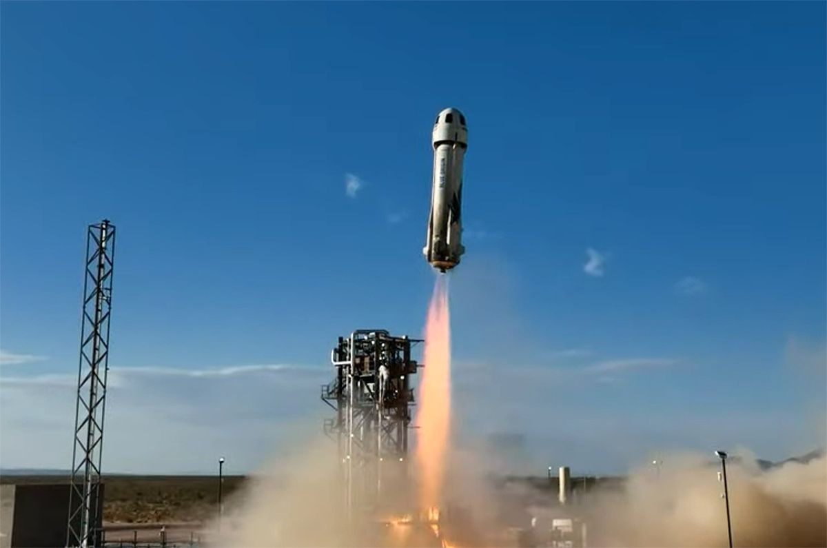 Blue Origin&#039;s New Shepard vehicle launches with the NS-21 crew from Launch Site One in West Texas on June 4, 2022.