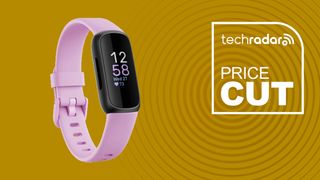 Fitbit Inspire 3 in pink on yellow background with TechRadar price cut sign