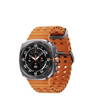 Samsung Galaxy Watch Ultra on an orange rubber strap