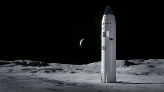 starship vehicle on the moon with black of space and crescent earth in behind