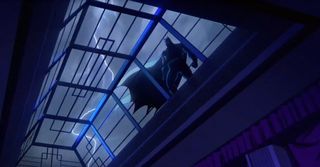 Batman looking down through a skylight as lightning flashes behind him in Creature Commandos episode 6