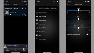 Audio Pro C20 app, three screen-grabs on gray background