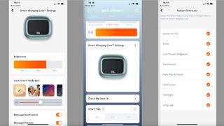 JBL Live Beam 3's JBL Headphones app, three screen-grabs showing smart charging case settings
