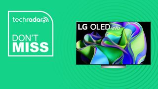 LG C3 OLED TV on green background with don't miss text overlay