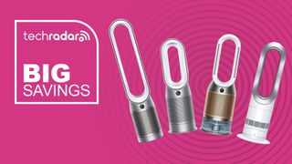 A range of Dyson fans against a pink background with Tech Radar, Big savings written in white to the left.