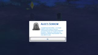 A dialog box of Alice's Sorrow quest in The Sims 4