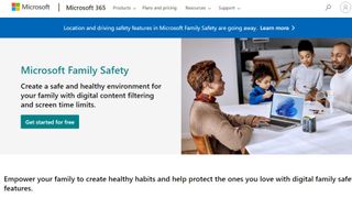 The Microsoft Family Safety hub, showing that the parental control app can be accessed for free, with a text box stating that the service can help provide a safe and healthy environment.