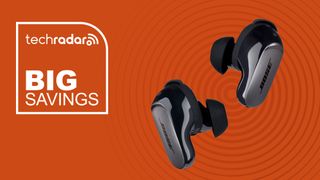 Bose QuietComfort Ultra Earbuds on orange background with "Big Savings" text in white to the left