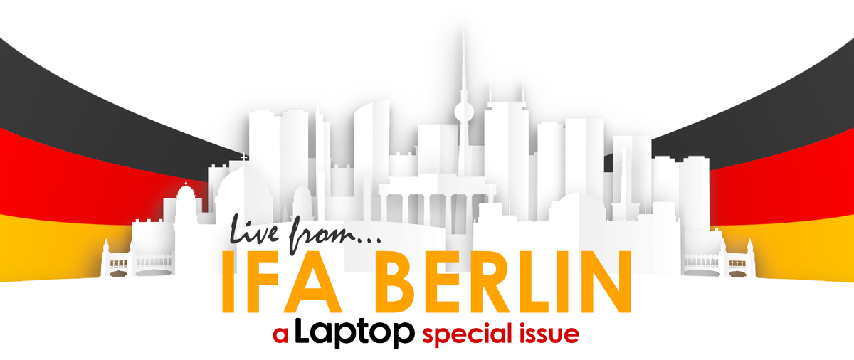 A semi-shaded papercraft illustration of the city of Berlin, Germany in front of a German national flag banner with the words &quot;Live from IFA Berlin, a Laptop special issue&quot; using the Laptop Mag logo