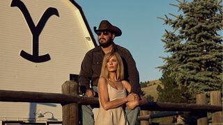 Rip Wheeler and Beth Dutton stand outside a ranch together in Yellowstone season 5