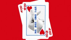 Photo collage of a hand showing the heart symbol, split in half b the tenets of the B$ movement rendered in Hangul. It is framed in a playing card, with the suit showing as a broken heart, with the letter "B" repeated four times.