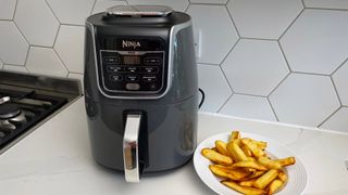 The Ninja Air Fryer Max AF160 next to a plate of chips cooked in it