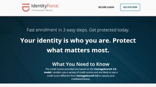 IdentityForce identity theft protection page, describing how their credit score calculations are done, and stating that identity theft protection is only 3 steps away.