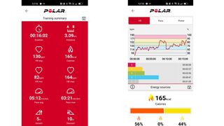 Skärmdumpar från den tillhörande appen för Polar Pacer Pro.