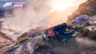 Forza Horizon 5 screenshot of three vehicles racing through muddy terrain.