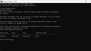 A screenshot of the Windows 10 Command Prompt - command 'Netsh'