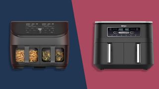 The Instant Vortex Plus Dual Drawer air fryer on a blue background and the Ninja Foodi Dual zone air fryer on a pink background