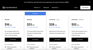 screenshot of squarespace pricing plans