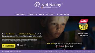 The Net Nanny company homepage, showing the best features in its parental control app and a 30% off sale icon.