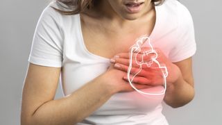 A woman grasps her chest in pain, with an illustration of a heart imposed on top