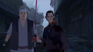 Ringo and Mizu stand in a dark alleyway in Blue Eye Samurai