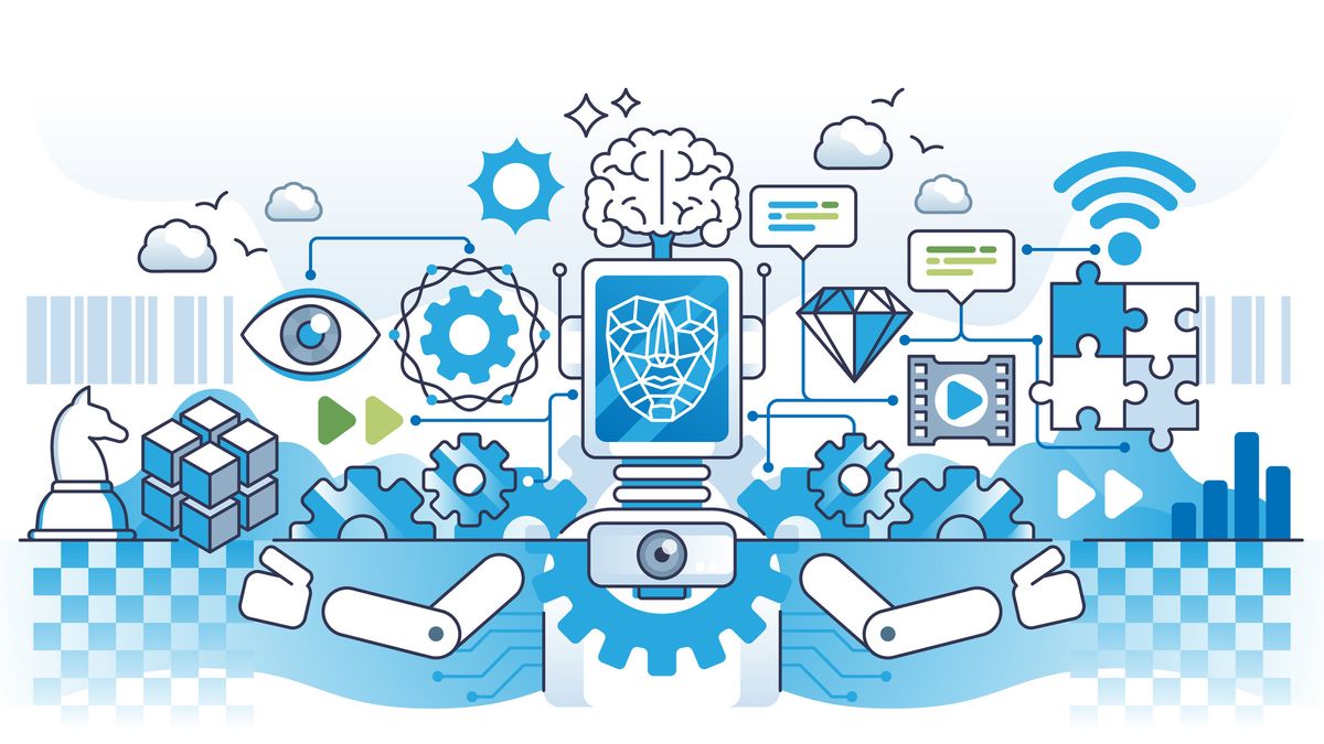 A complex illustration depicting AI retrieval-augmented generation (RAG) represented as a computer with a face at the center for an AI model surrounded by sources of data such as film clips or eyes. The illustration is blue and green against a white background.