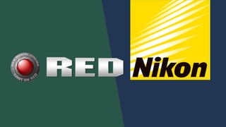 Red Digital Cinema and Nikon brand logos on a multi-color background