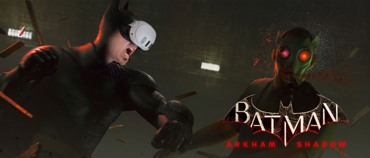 Official Batman: Arkham Shadow artwork juxtaposed with a face wearing a Meta Quest 3 overtop Batman&#039;s face