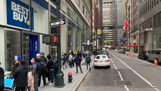 A Line Of Customers Hoping To Buy An RTX 3080 Ti Extending Down West 44th Street In Manhattan