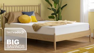 mattress sales and deals: A Purple NewDay mattress in a bedroom, in the corner is a TechRadar deals graphic