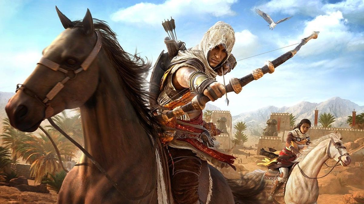 Een man schiet met pijl en boog vanaf een paard in Assassin&#039;s Creed Origins