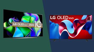 LG C3 and C4 OLED TVs on colored background